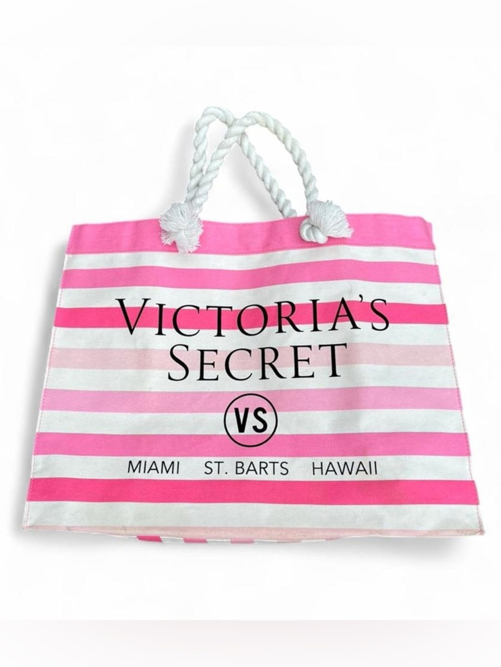 Victoria's Secret Pink and White Striped Rope-Handle Beach Bag Tote